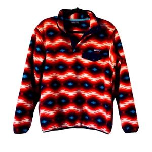 Womens Patagonia , Wild Desert Aztec,  synchilla fleece, size Large, Blue/red!
